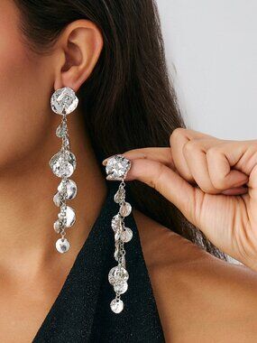 Hammered Silver Tone Cascading Disc Long Drop Earrings Multi Layer Textured Meta
